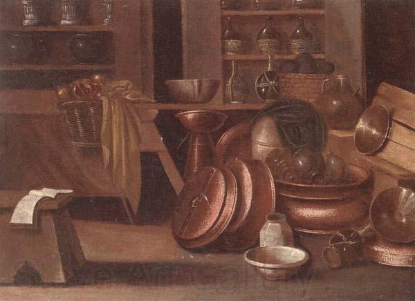 unknow artist A Kitchen still life of utensils and fruit in a basket,shelves with wine caskets beyond Spain oil painting art